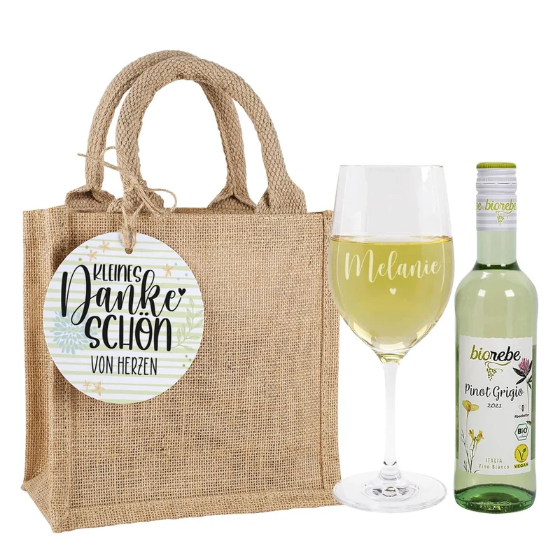 Weinset - Kleines Dankeschön - mit Weinglas, Wein und Verpackung