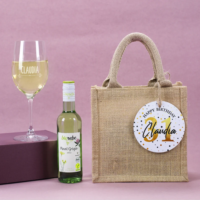 Wein Geschenkset zum Geburtstag mit Weinglas, Wein und Jutetüte