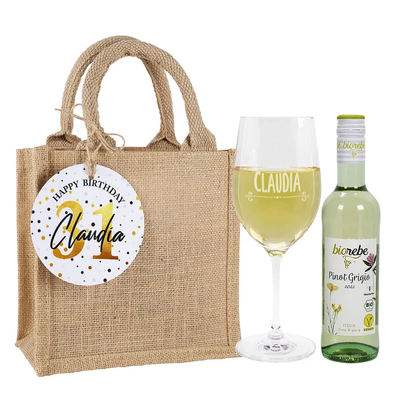 Wein Geschenkset zum Geburtstag mit Weinglas, Wein und Jutetüte