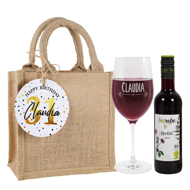 Wein Geschenkset zum Geburtstag mit Weinglas, Wein und Jutetüte