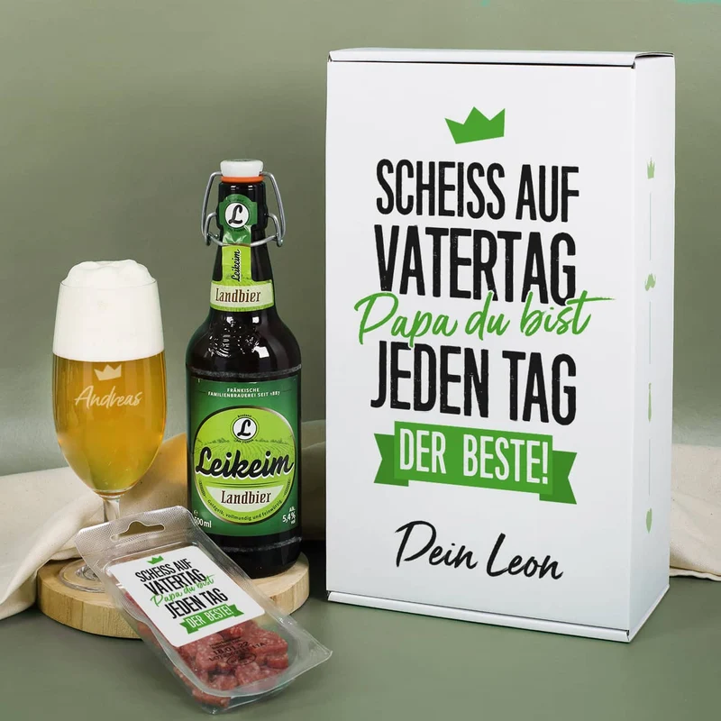 Bier - Geschenkset zum Vatertag in persönlicher Box mit graviertem Glas und Snack