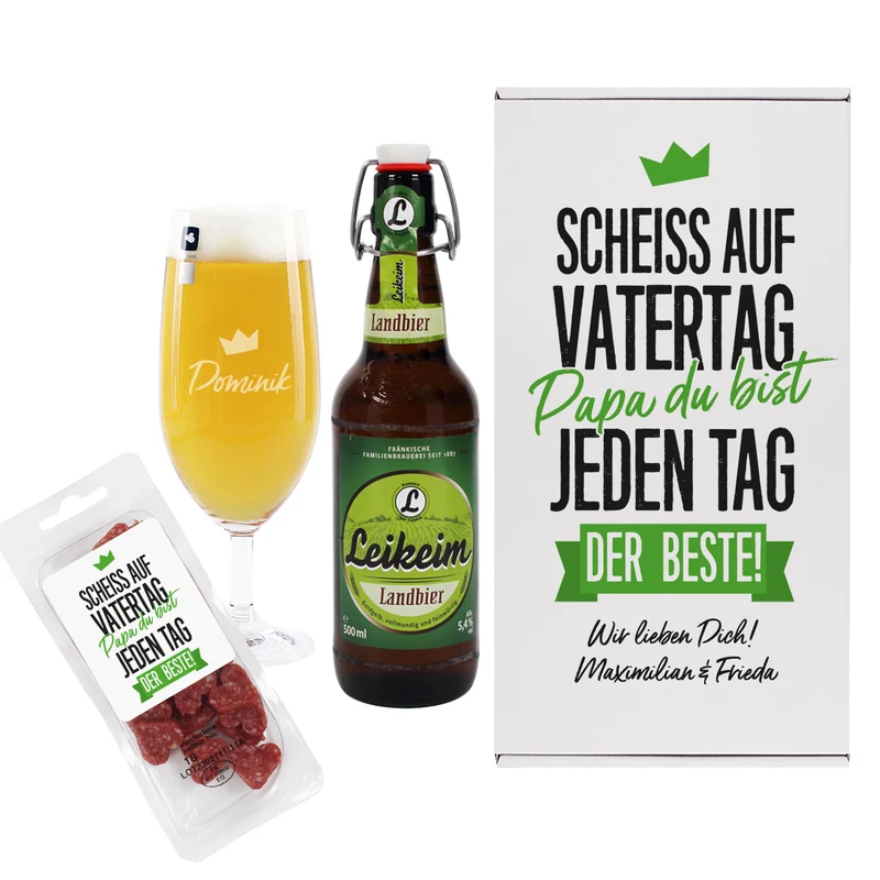 Bier - Geschenkset zum Vatertag in persönlicher Box mit graviertem Glas und Snack
