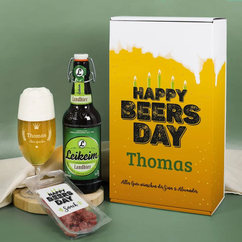 Happy Beersday - Geschenkset zum Geburtstag mit Bier, Glas und Snack