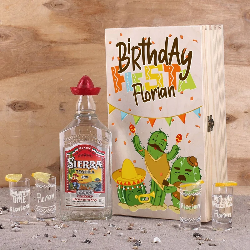 Tequila-Set "Birthday Fiesta" mit vier Shotgläsern, Sierra Tequila und Geschenkkiste