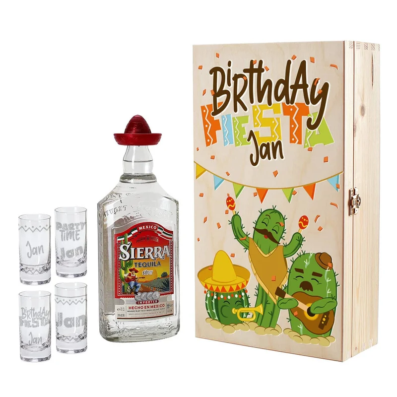 Tequila-Set "Birthday Fiesta" mit vier Shotgläsern, Sierra Tequila und Geschenkkiste
