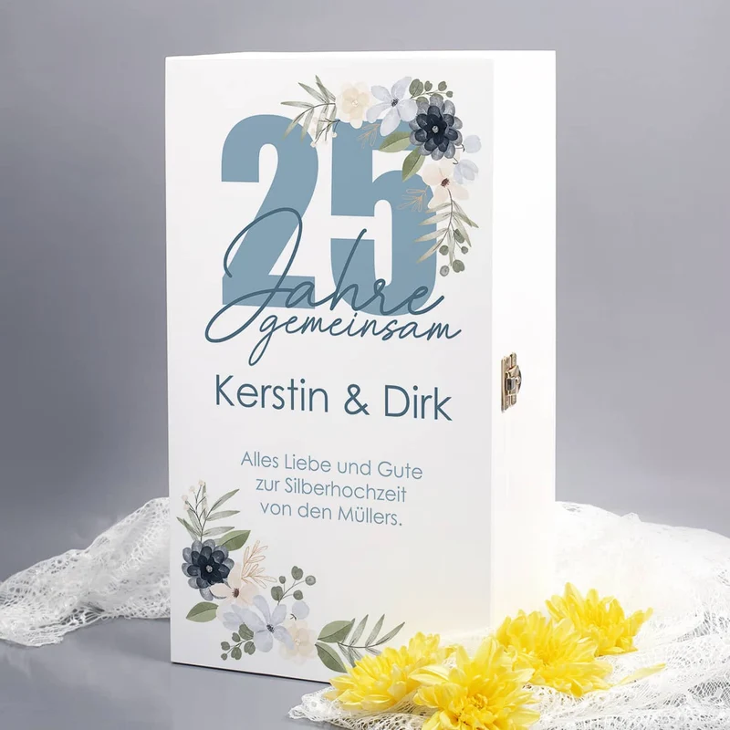25 Jahre gemeinsam - Geschenkset zur Silberhochzeit mit Sektgläsern und Holzbox
