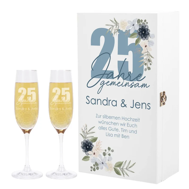 25 Jahre gemeinsam - Geschenkset zur Silberhochzeit mit Sektgläsern und Holzbox