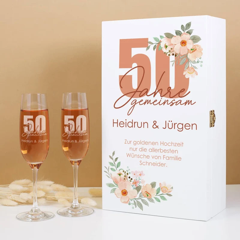 50 Jahre gemeinsam - Geschenkset mit Holzbox und Sektgläsern zur Goldhochzeit