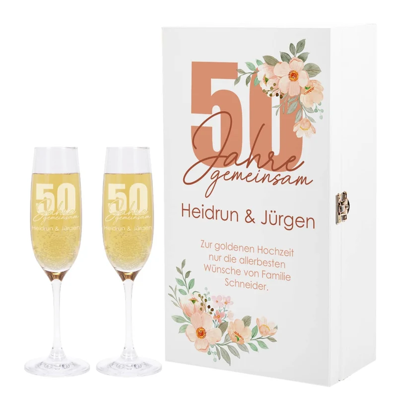 50 Jahre gemeinsam - Geschenkset mit Holzbox und Sektgläsern zur Goldhochzeit