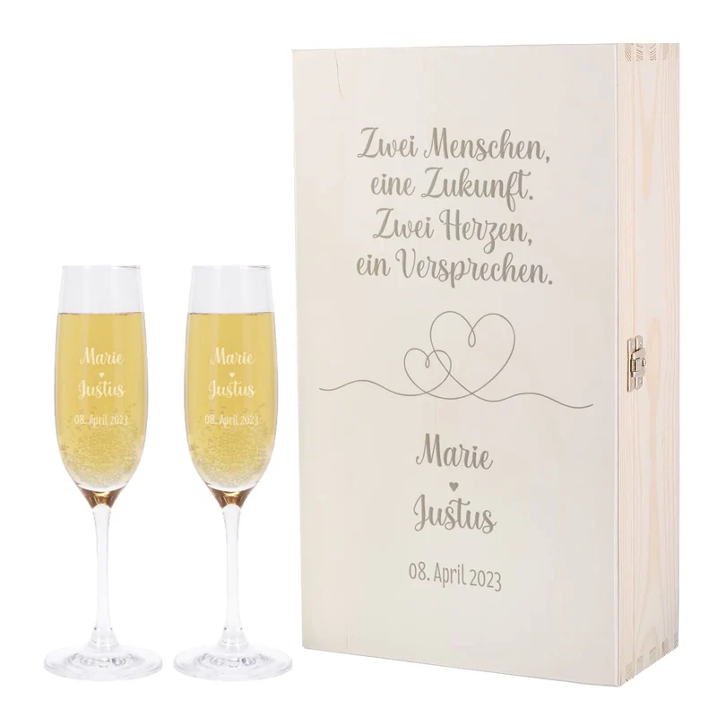 Zwei Herzen, ein Versprechen. - Geschenkset zur Hochzeit mit gravierten Sektgläsern und Holzbox
