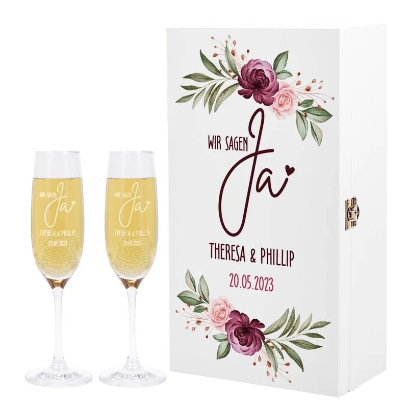 Wir sagen Ja! - Geschenkset zur Hochzeit mit zwei Sektgläsern
