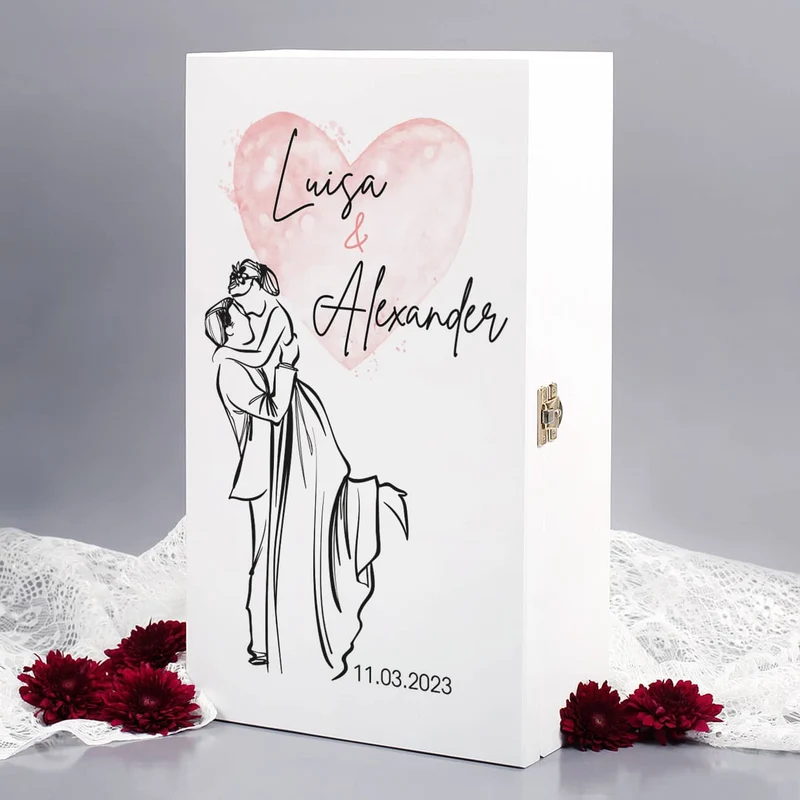Romantisches Geschenkset zur Hochzeit mit Weingläsern und Holzbox