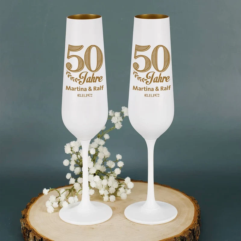 Geschenkset zur goldenen Hochzeit mit Sektgläsern und Holzbox