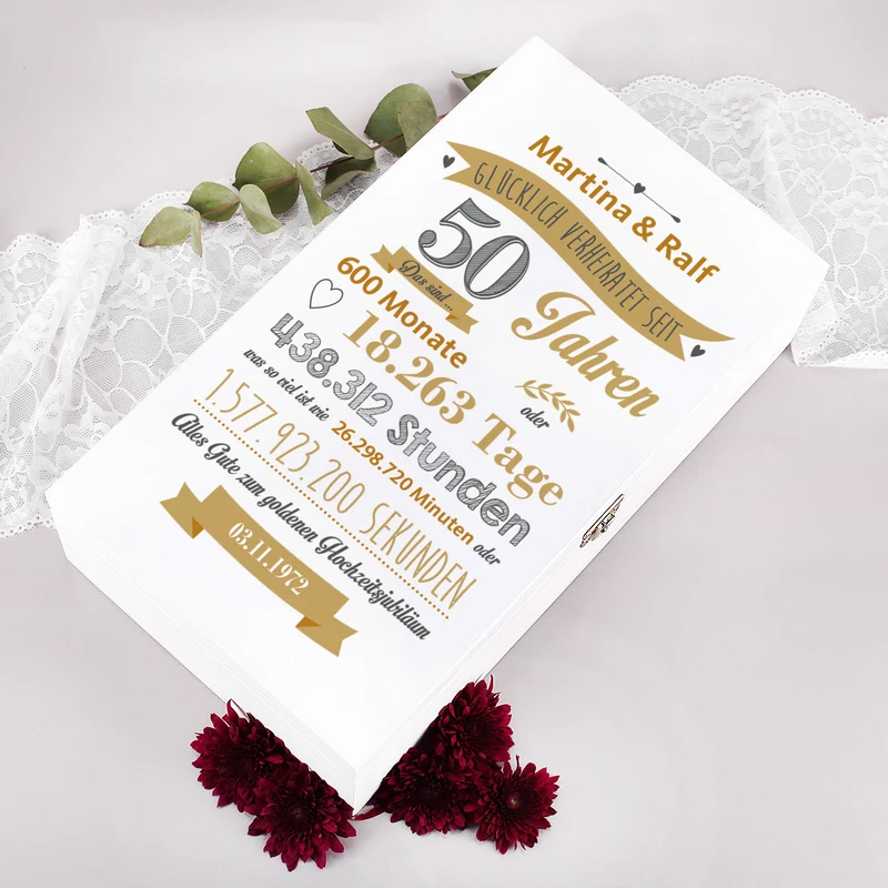 Geschenkset zur goldenen Hochzeit mit Sektgläsern und Holzbox