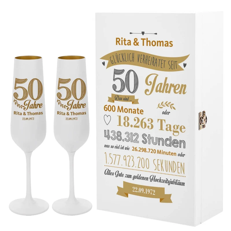 Geschenkset zur goldenen Hochzeit mit Sektgläsern und Holzbox