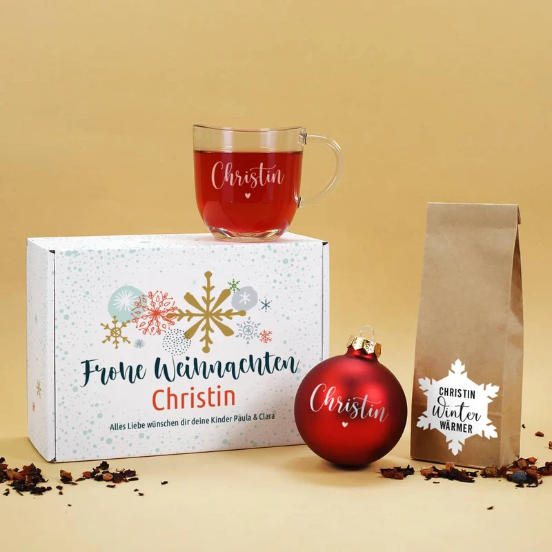 Gravierte Weihnachtskugel, Teeglas und Früchtetee als Geschenkset zu Weihnachten mit Box