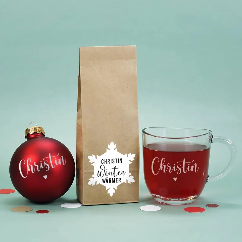 Gravierte Weihnachtskugel, Teeglas und Früchtetee als Geschenkset zu Weihnachten mit Box