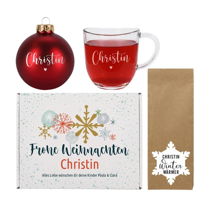 Gravierte Weihnachtskugel, Teeglas und Früchtetee als Geschenkset zu Weihnachten mit Box
