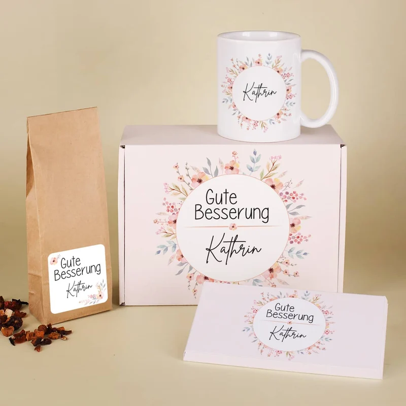 Tee Geschenkset - Gute Besserung - mit Tasse, Schokolade und Box