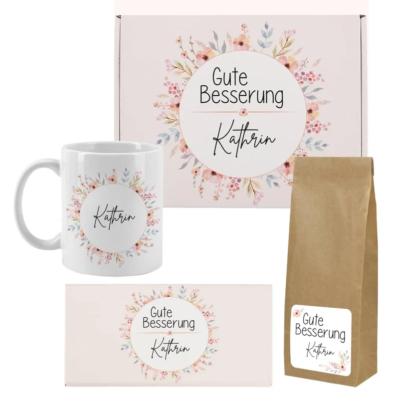Tee Geschenkset - Gute Besserung - mit Tasse, Schokolade und Box