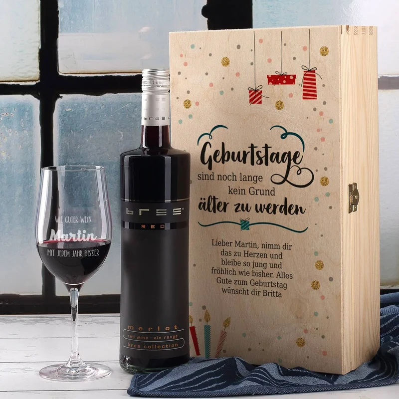 Wein-Set zum Geburtstag mit graviertem Glas in edler Holzverpackung