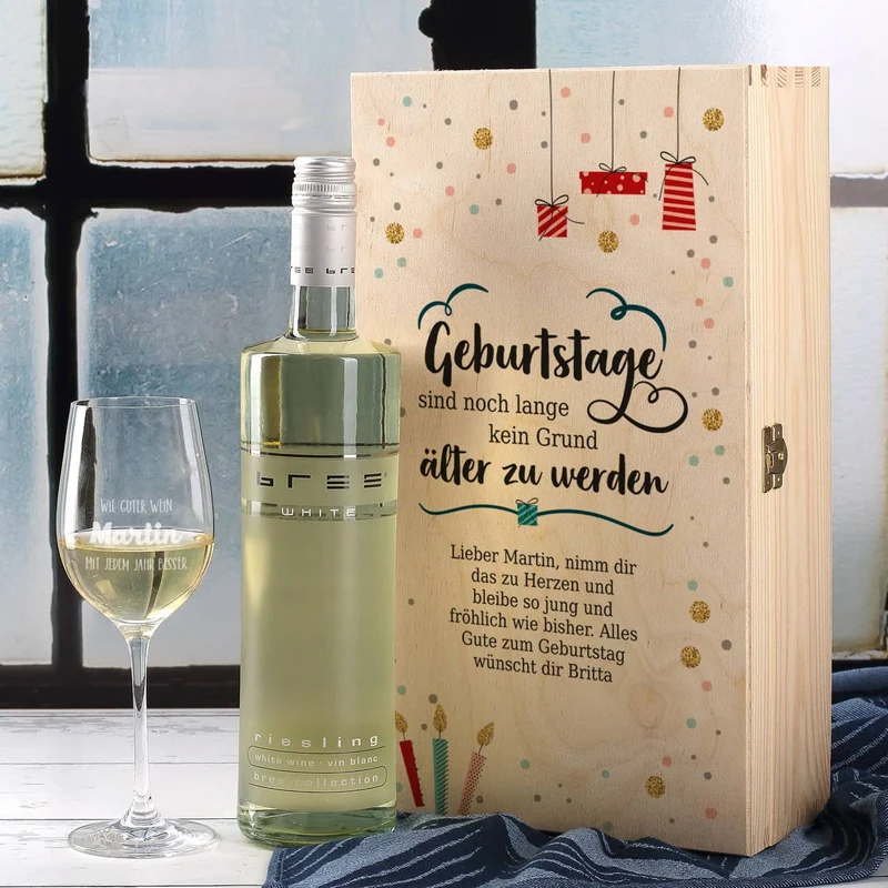 Wein-Set zum Geburtstag mit graviertem Glas in edler Holzverpackung