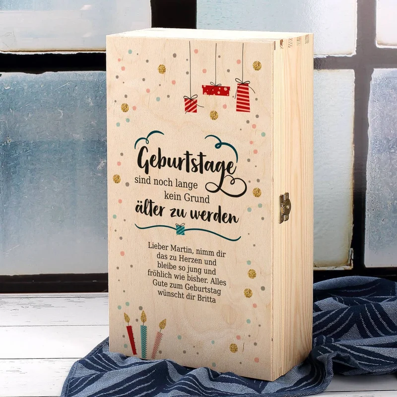 Wein-Set zum Geburtstag mit graviertem Glas in edler Holzverpackung
