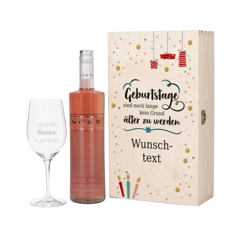 Wein-Set zum Geburtstag mit graviertem Glas in edler Holzverpackung