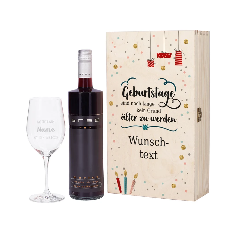 Wein-Set zum Geburtstag mit graviertem Glas in edler Holzverpackung