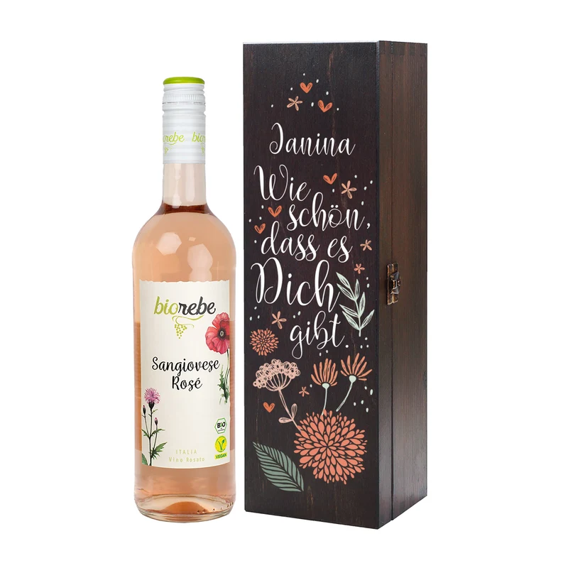 Biorebe Wein in personalisierter Holzbox | Geschenk Set - Wie schön, dass es Dich gibt.