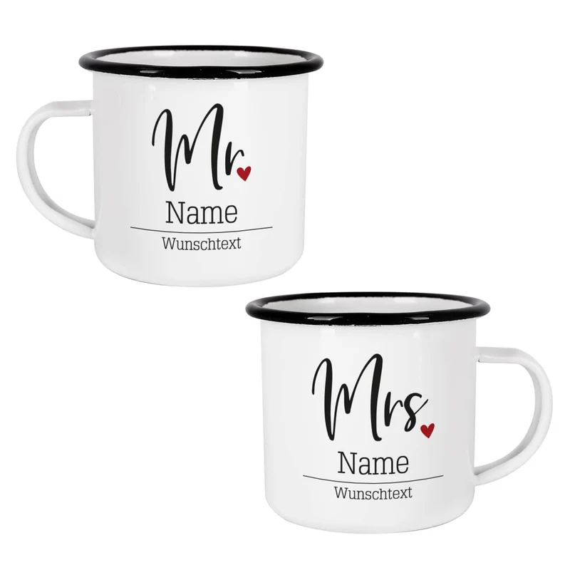 Mr und Mrs Emailletassen mit persönlichem Aufdruck