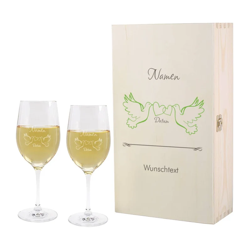 Set zur Hochzeit mit personalisierter Holzbox und zwei Weingläsern