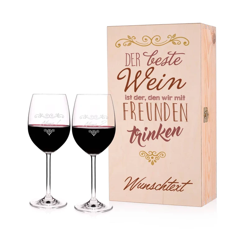 Weingeschenkset für Freunde mit Holzbox und zwei Weingläsern