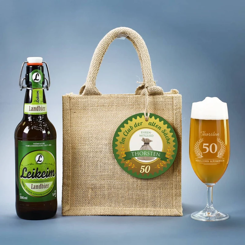 Geburtstagsgeschenkset für Männer mit Bier und Glas in persönlicher Jutetüte