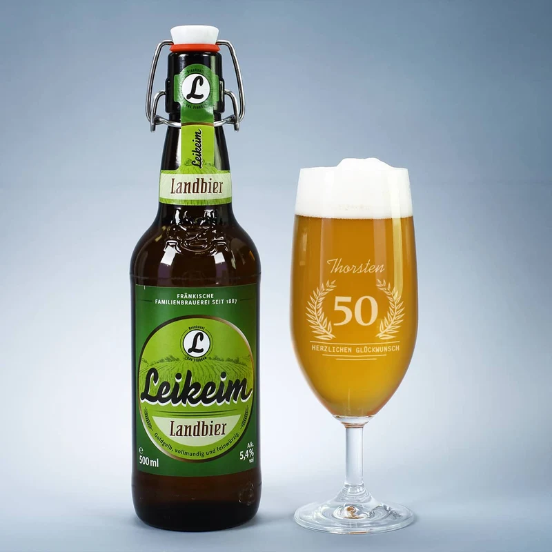 Geburtstagsgeschenkset für Männer mit Bier und Glas in persönlicher Jutetüte