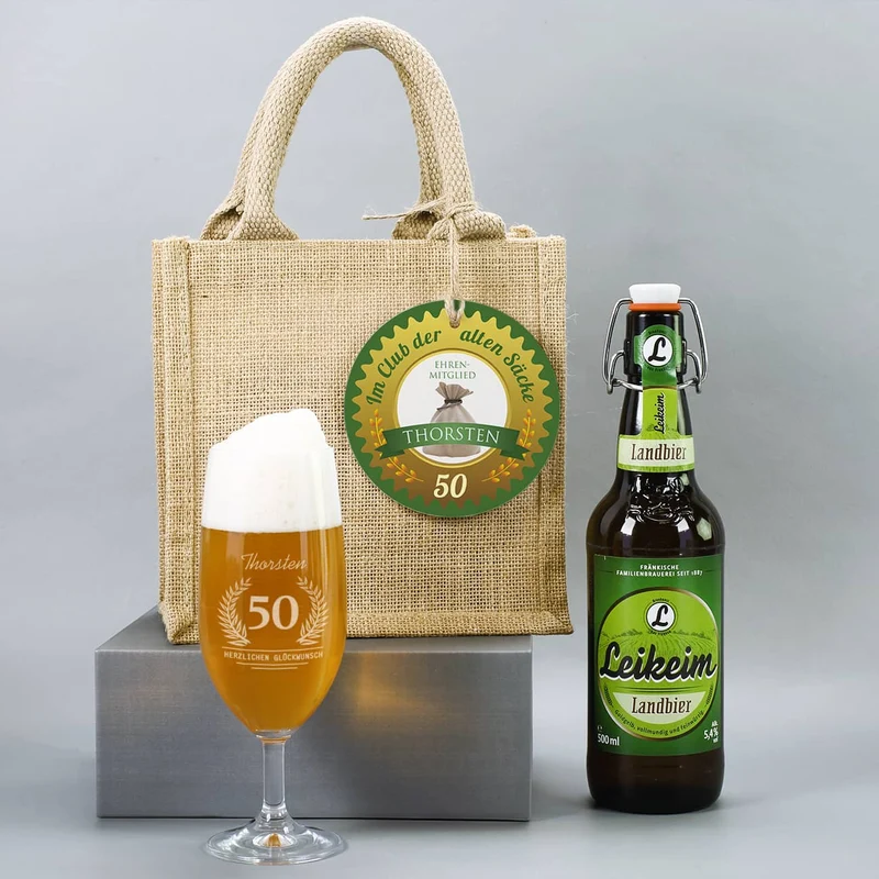 Geburtstagsgeschenkset für Männer mit Bier und Glas in persönlicher Jutetüte