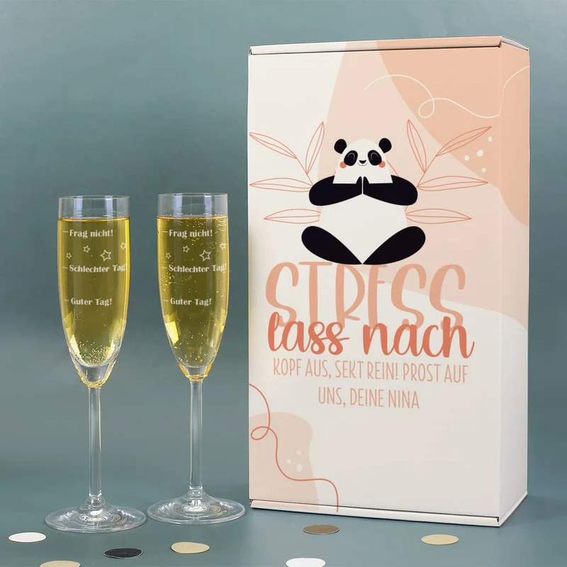 Stress lass nach Box mit zwei gravierten Sektgläsern - Guter Tag Schlechter Tag -