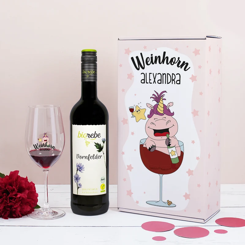 Weinhorn Geschenkset mit Leonardo Weinglas und Biorebe Wein | Weißwein, Rotwein, Rosé