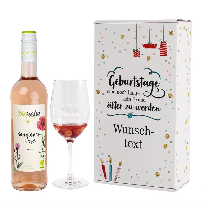 Wein-Set zum Geburtstag mit graviertem Glas in weißer Geschenkbox