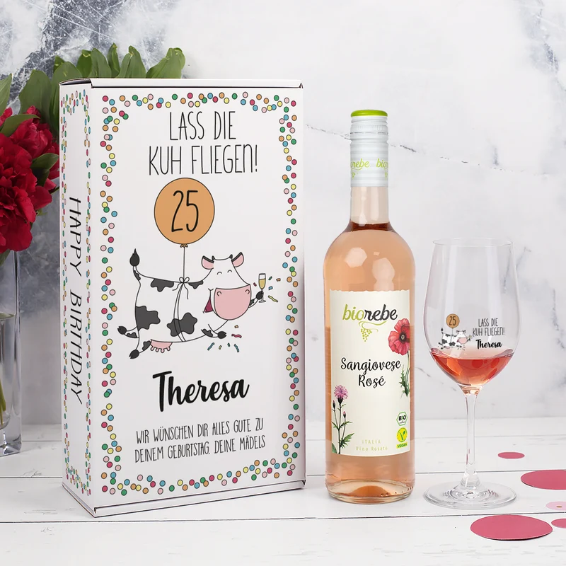 Lass die Kuh fliegen! Geschenkset zum Geburtstag mit Biorebe Wein, Glas und Box