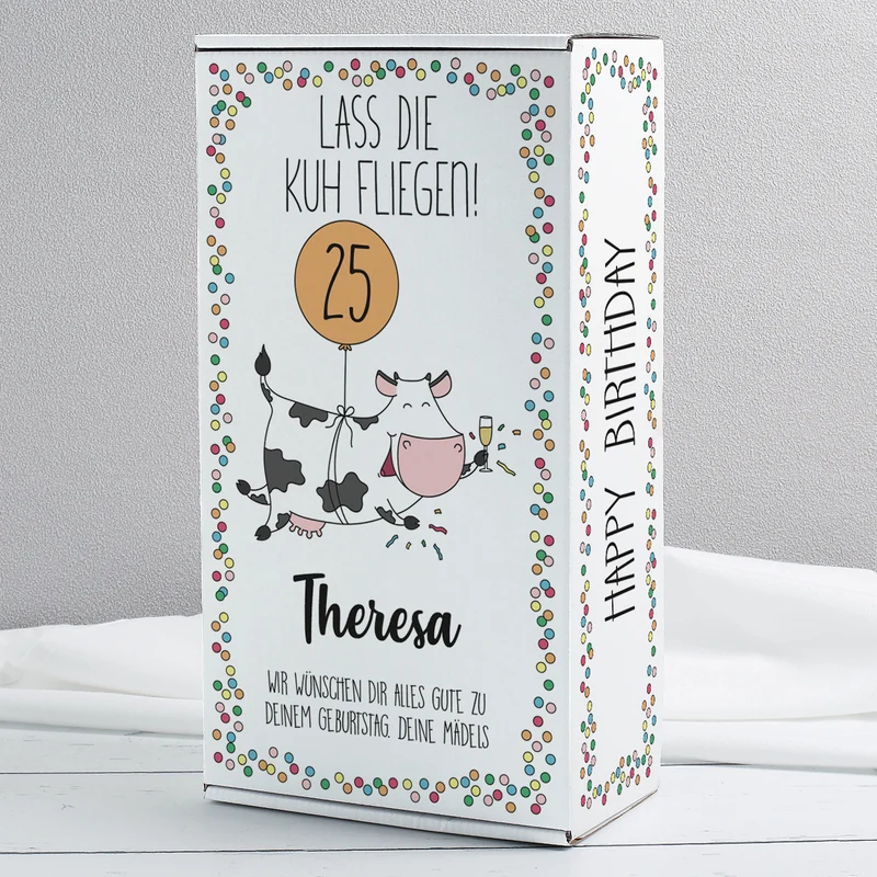 Lass die Kuh fliegen! Geschenkset zum Geburtstag mit Biorebe Wein, Glas und Box