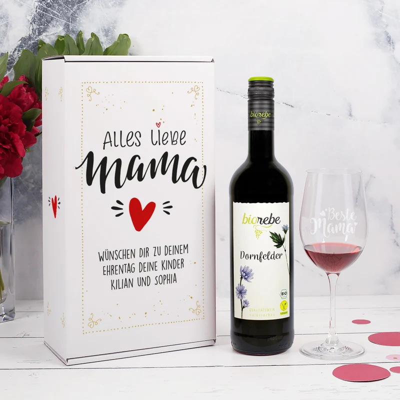 Biorebe Wein Geschenkset zum Muttertag mit Weinglas in Geschenkbox | Geschenk für Mama