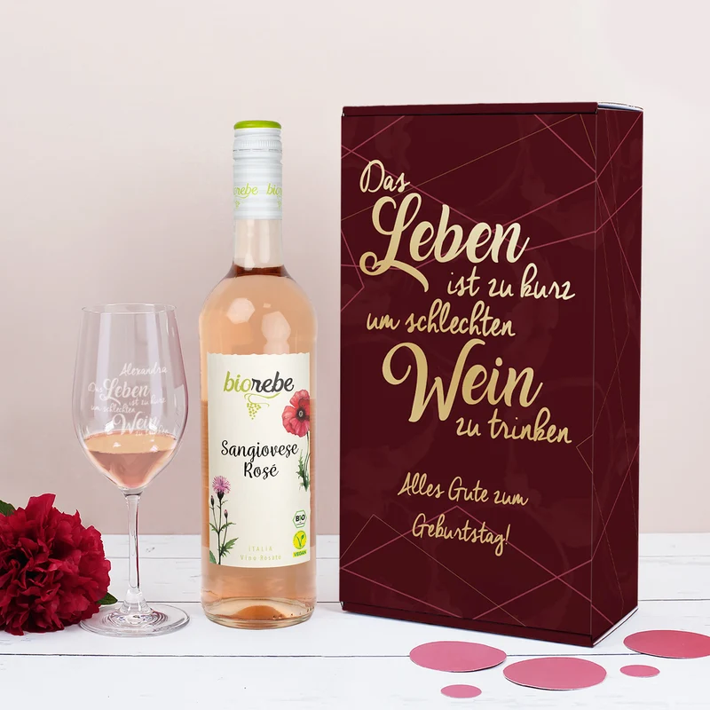 Biorebe Wein und Weinglas in personalisierter Geschenkverpackung