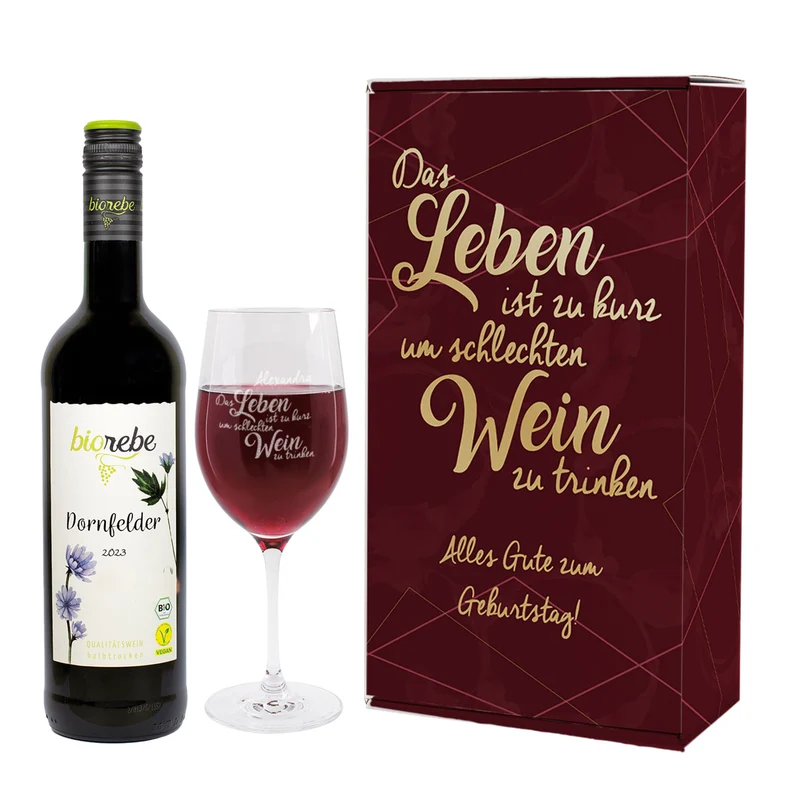 Biorebe Wein und Weinglas in personalisierter Geschenkverpackung