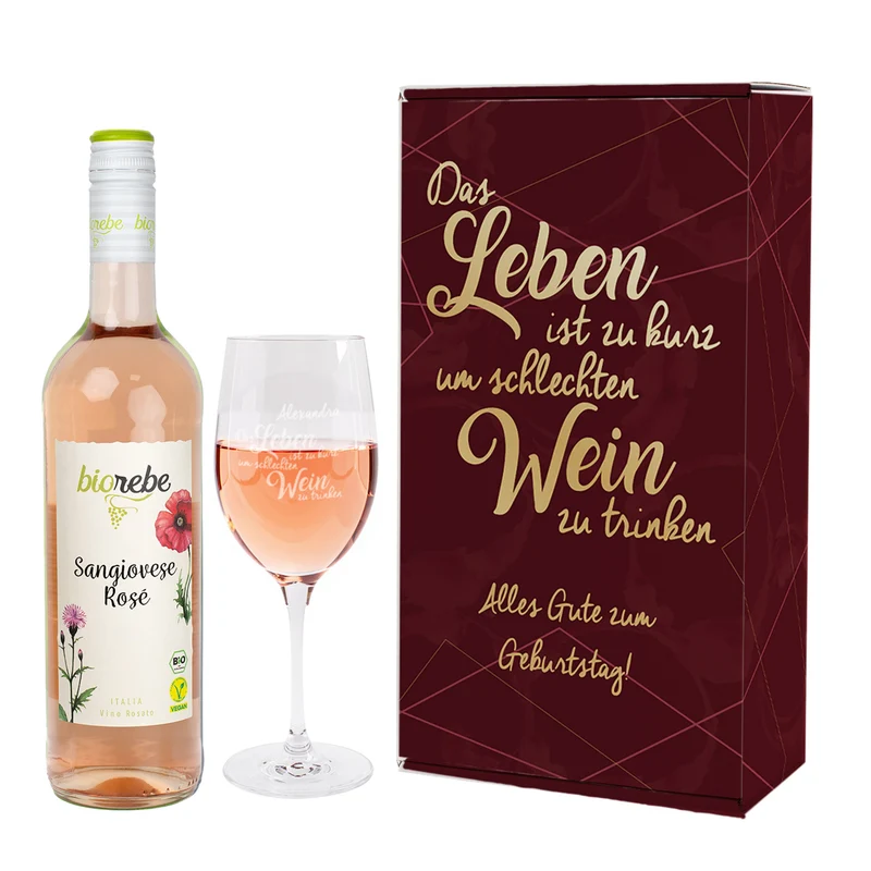 Biorebe Wein und Weinglas in personalisierter Geschenkverpackung