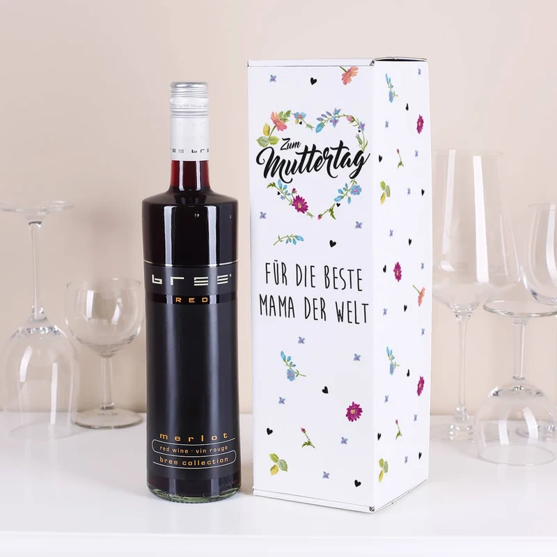 Flaschenverpackung mit BREE Wein zum Muttertag - Blumenherz mit Wunschtext