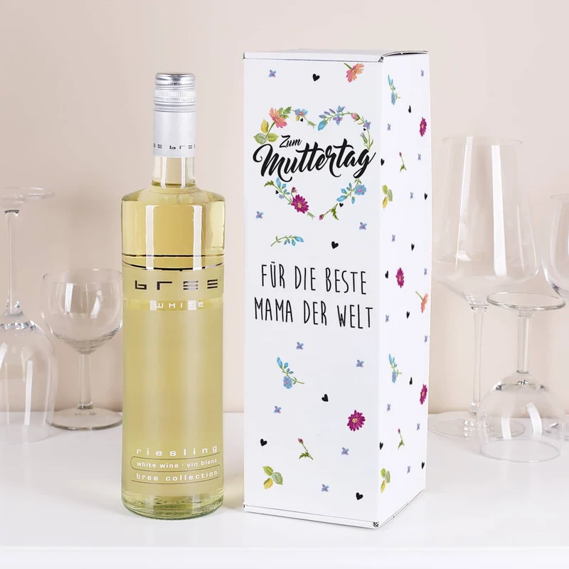 Flaschenverpackung mit BREE Wein zum Muttertag - Blumenherz mit Wunschtext