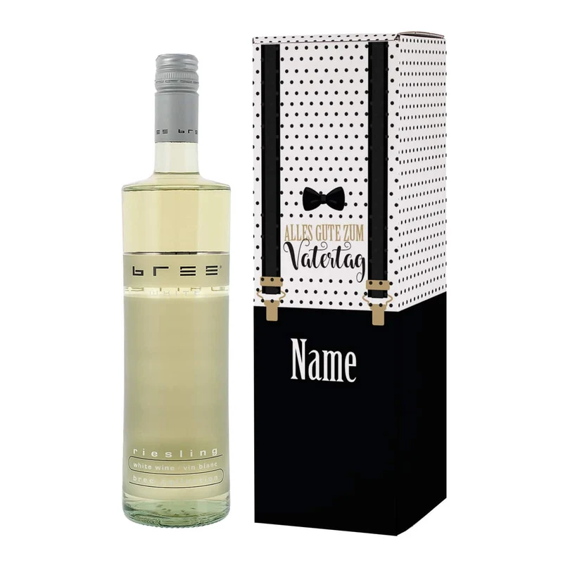 BREE Wein mit Flaschenverpackung zum Vatertag - mit Name und Hosenträger Motiv