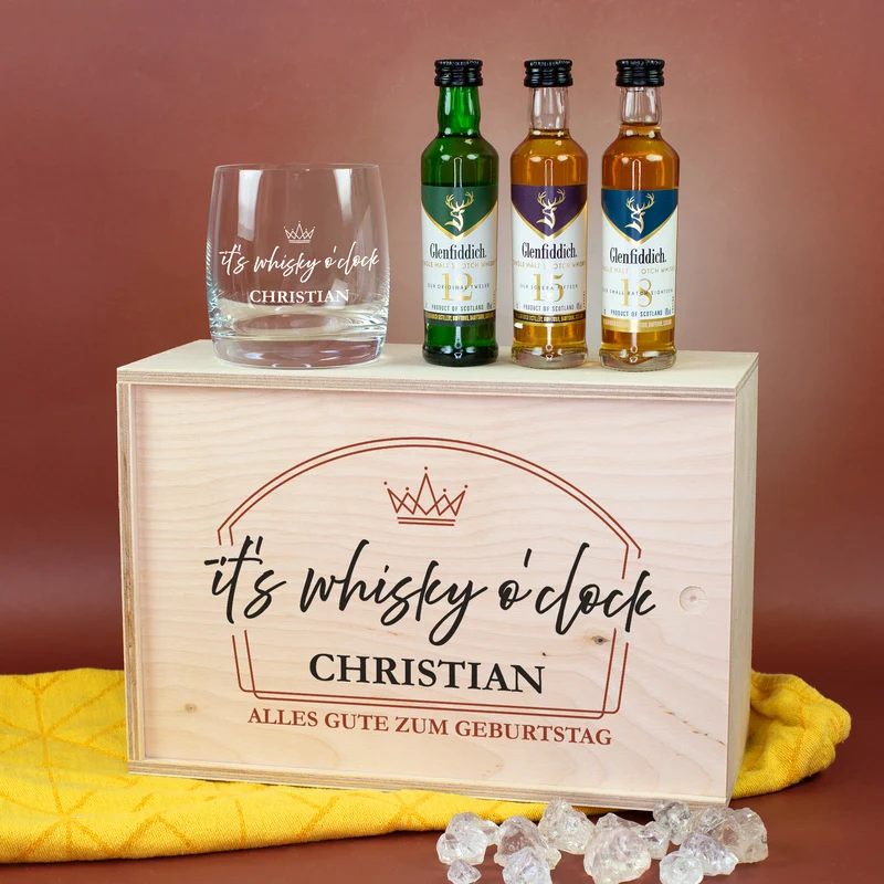 It's whisky o'clock - Whiskey Geschenkset mit Whiskyglas und 3 Flaschen Glenfiddich a 50 ml