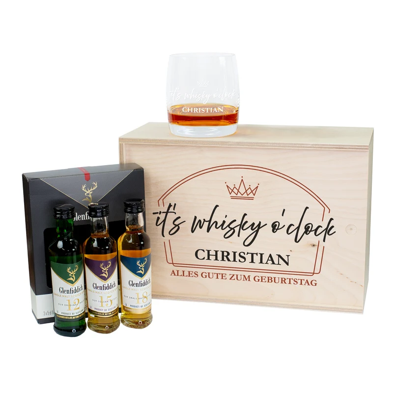 It's whisky o'clock - Whiskey Geschenkset mit Whiskyglas und 3 Flaschen Glenfiddich a 50 ml